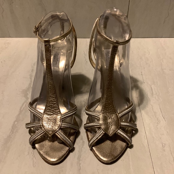 MaxMara Shoes - MaxMara Women’s Gold Slip On Ankle Strap Heeled Summer Sandals Size 7.5
